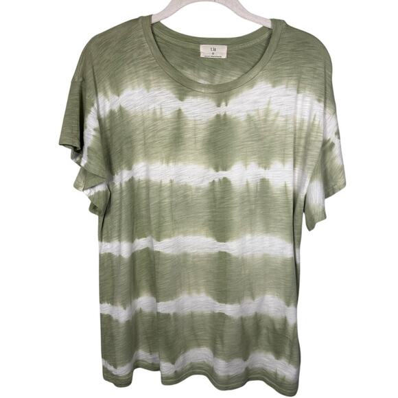 T. LA Green & White Tie Die Cotton Blend Flutter Sleeve Tee Shirt Women's Small - Picture 2 of 7